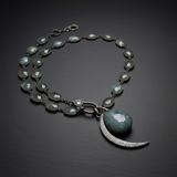 Moss Agate Bezel Necklace with Diamond Clasp. Paired with Diamond Moon and Moss Agate Pendant