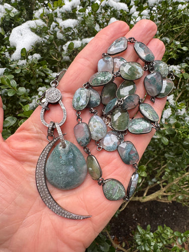 Moss Agate Bezel Necklace with Diamond Clasp. Paired with Diamond Moon and Moss Agate Pendant