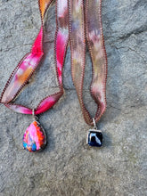 Hand Dyed Silk Choker with Pave Diamond and Stone Heart Pendants