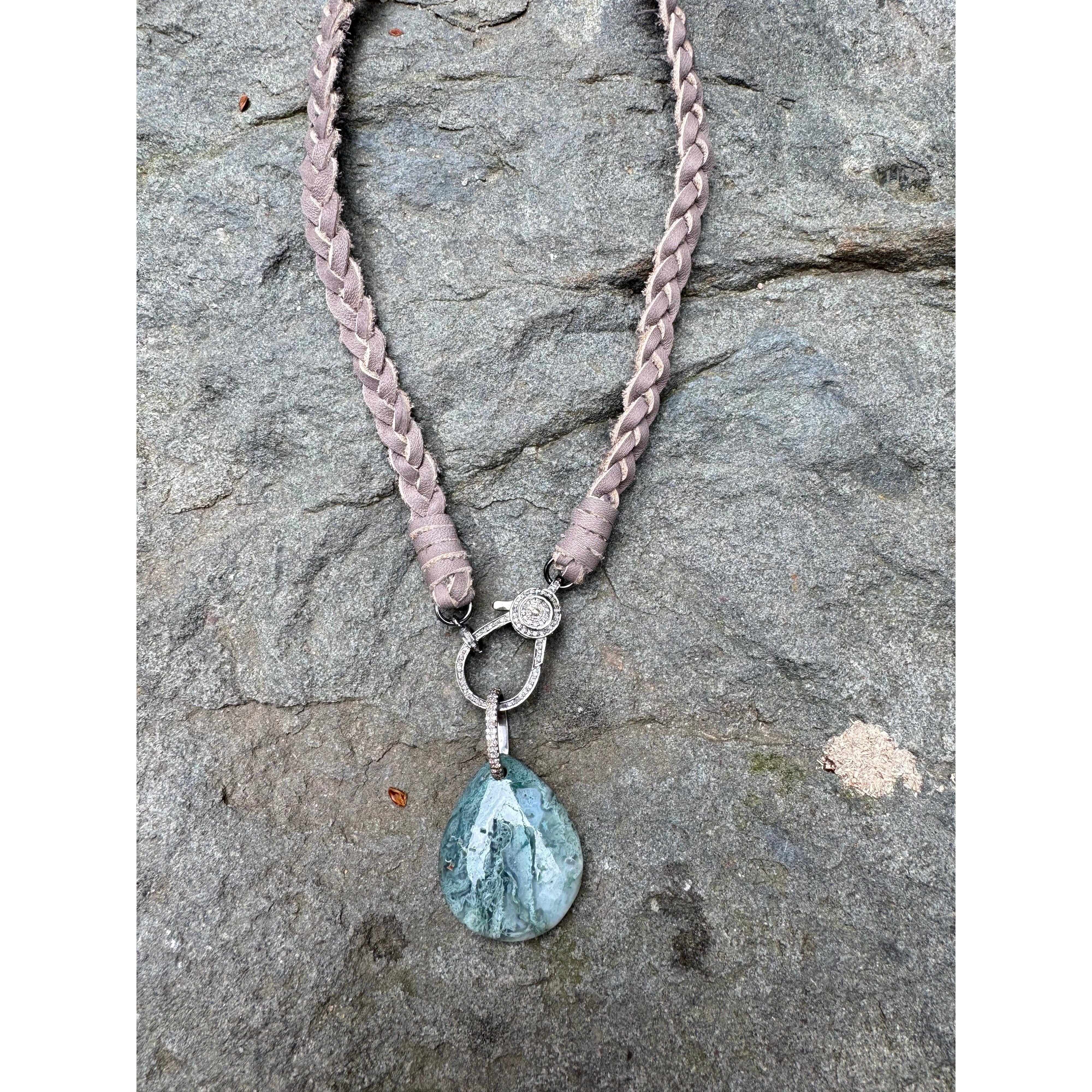 Braided Grey Leather Necklace with Pave Diamond Lobster Claw
