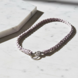 Braided Grey Leather Necklace with Pave Diamond Lobster Claw