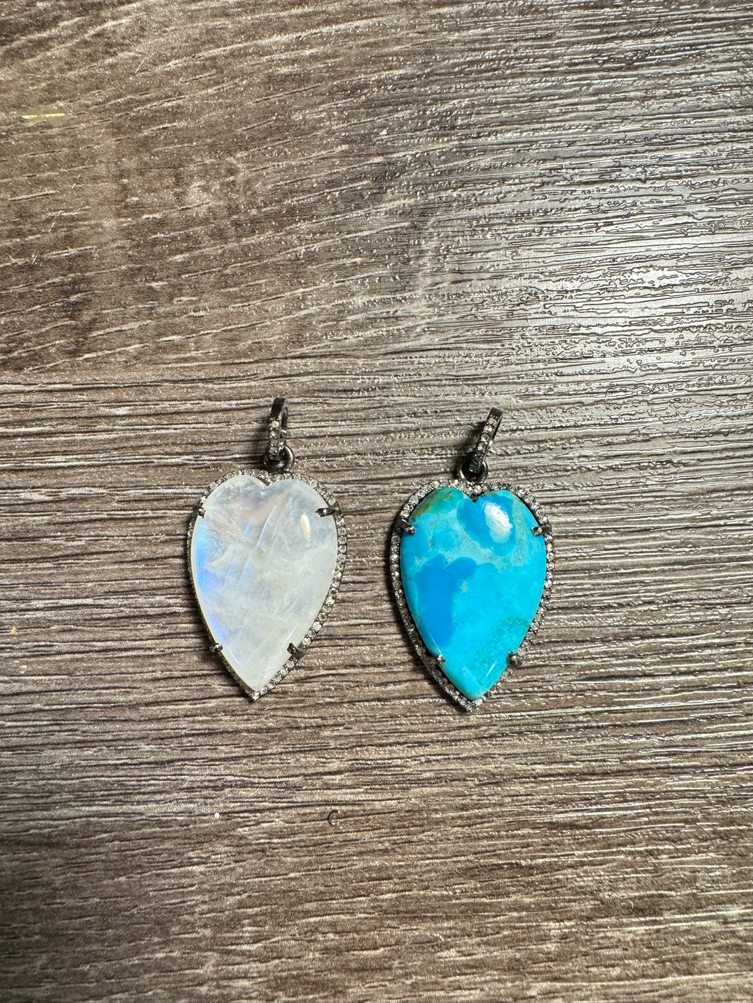 Teardrop Shaped Gemstone Hearts with Diamond Border