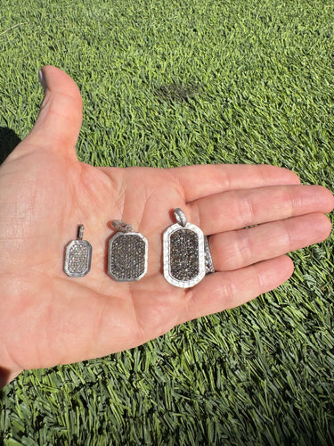 Pave Diamond with Silver Border Dog Tag Pendants