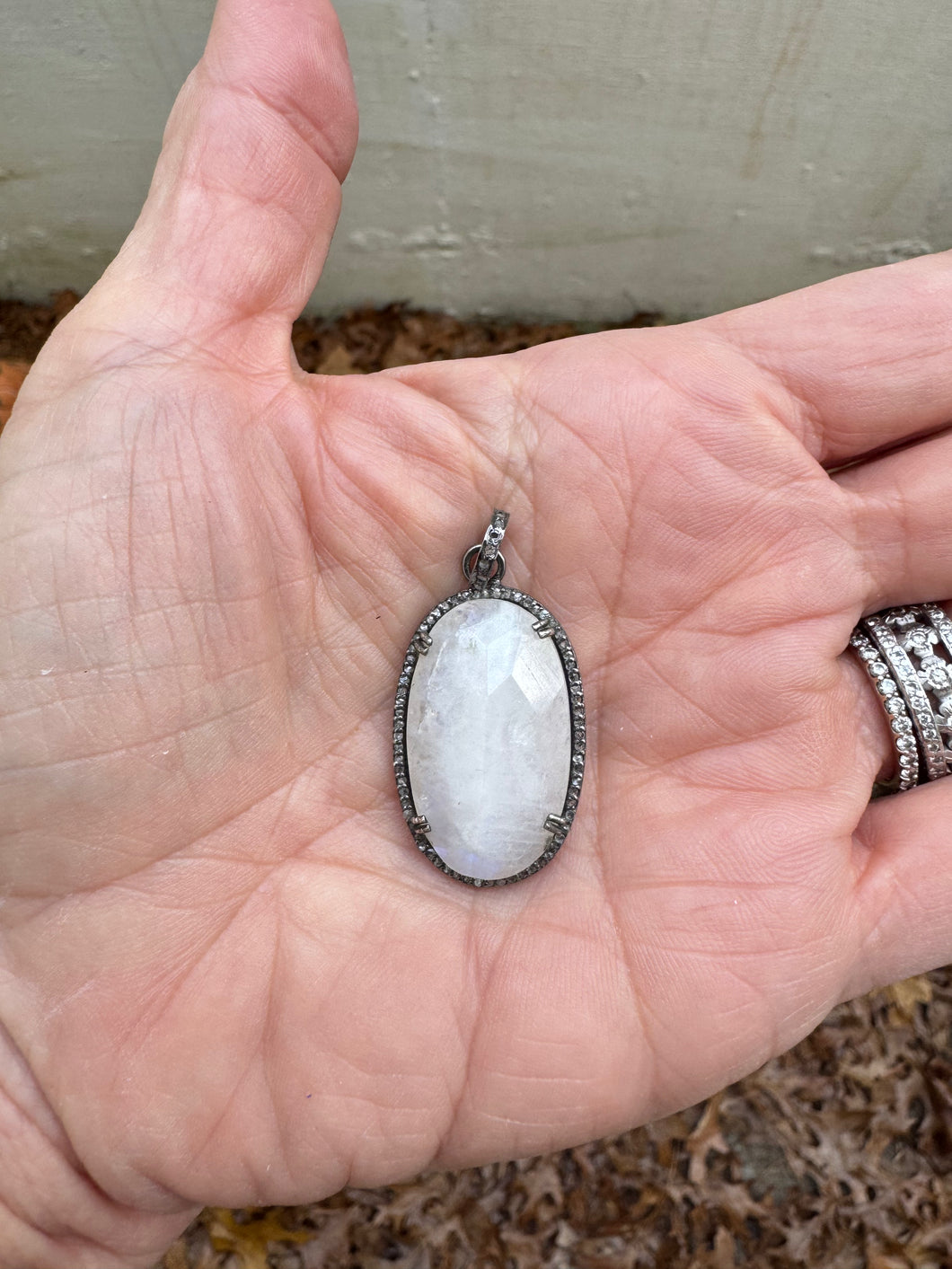 Oval Moonstone with Pave Diamond Border Pendants