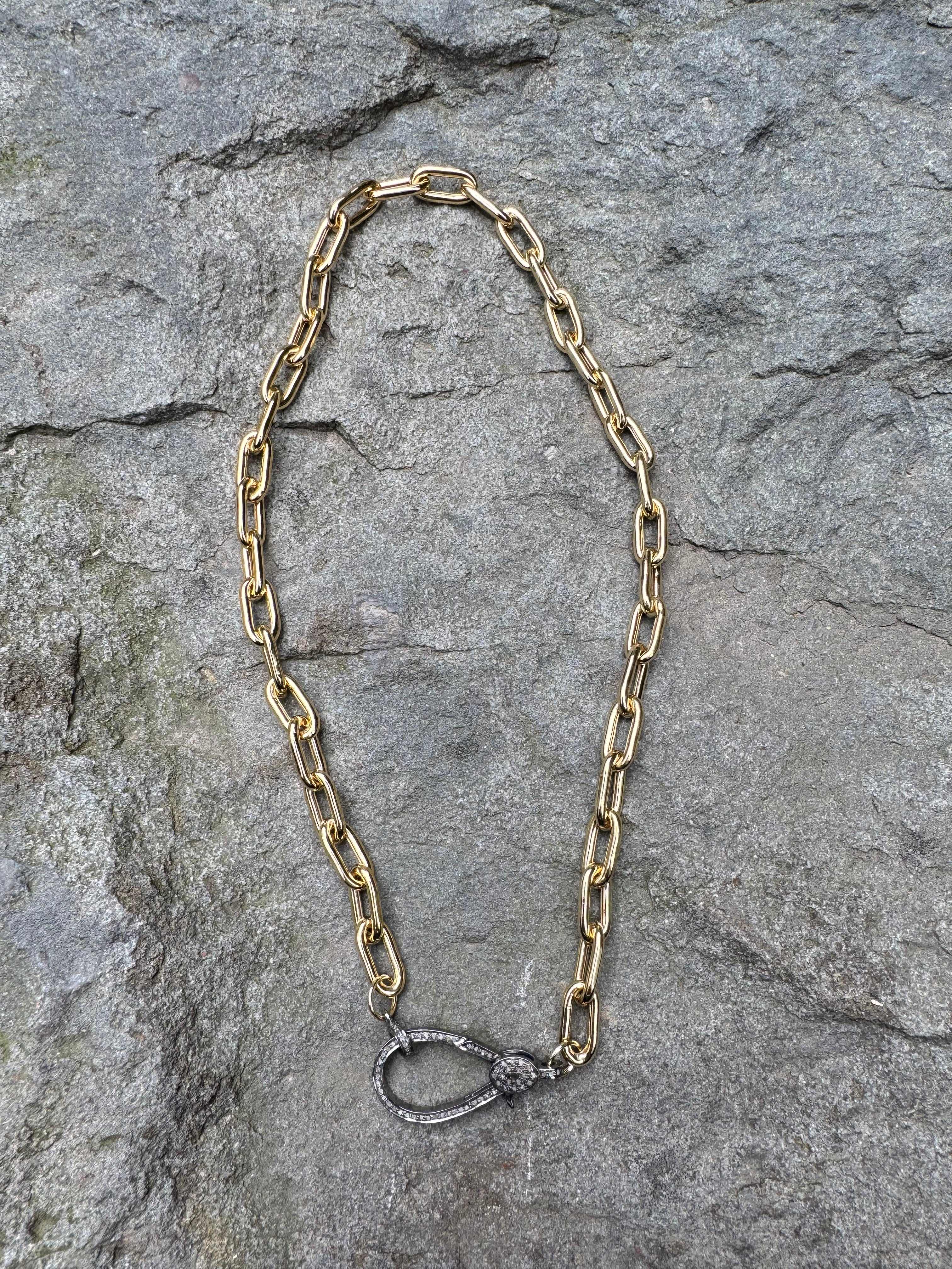 Large Gold Paperclip Chain Necklace with Large Pave Diamond Clasp