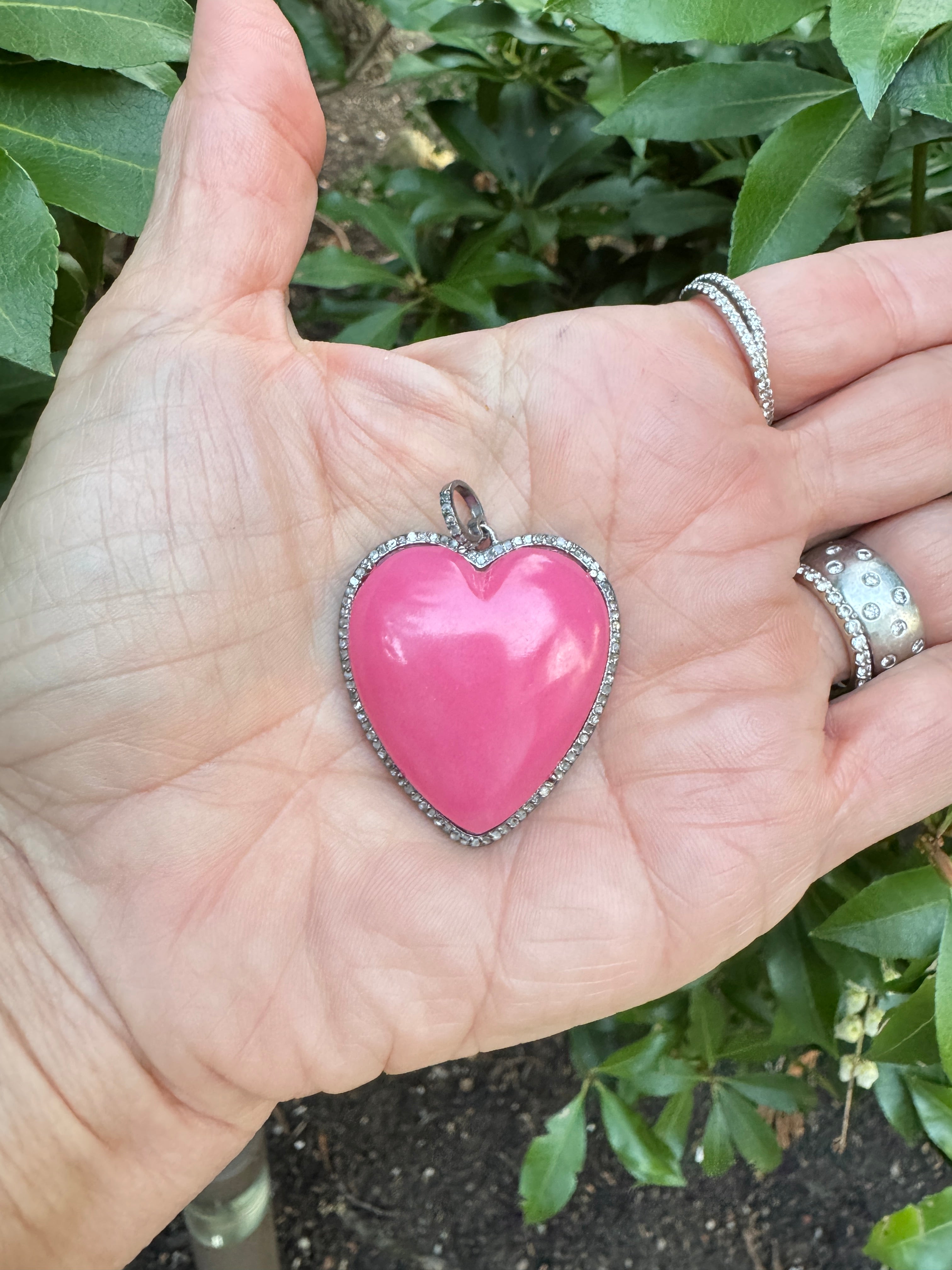Pink Opal with Pave Diamond Border Heart Pendant