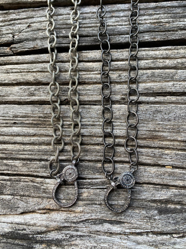 Silver Textured Oval Link Chain Necklace with Pave Diamond Clasp