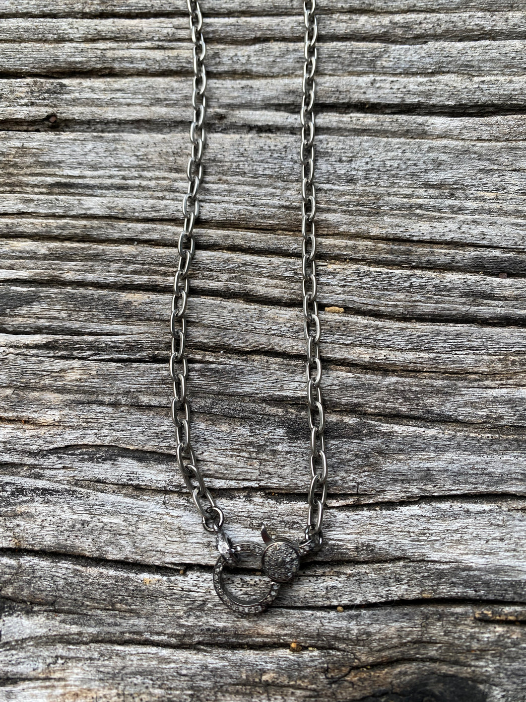 Silver Flat Oval Link Chain Necklace with Pave Diamond Clasp