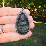 Black Obsidian and Carved Kwan Yin Pendant with Diamond Border