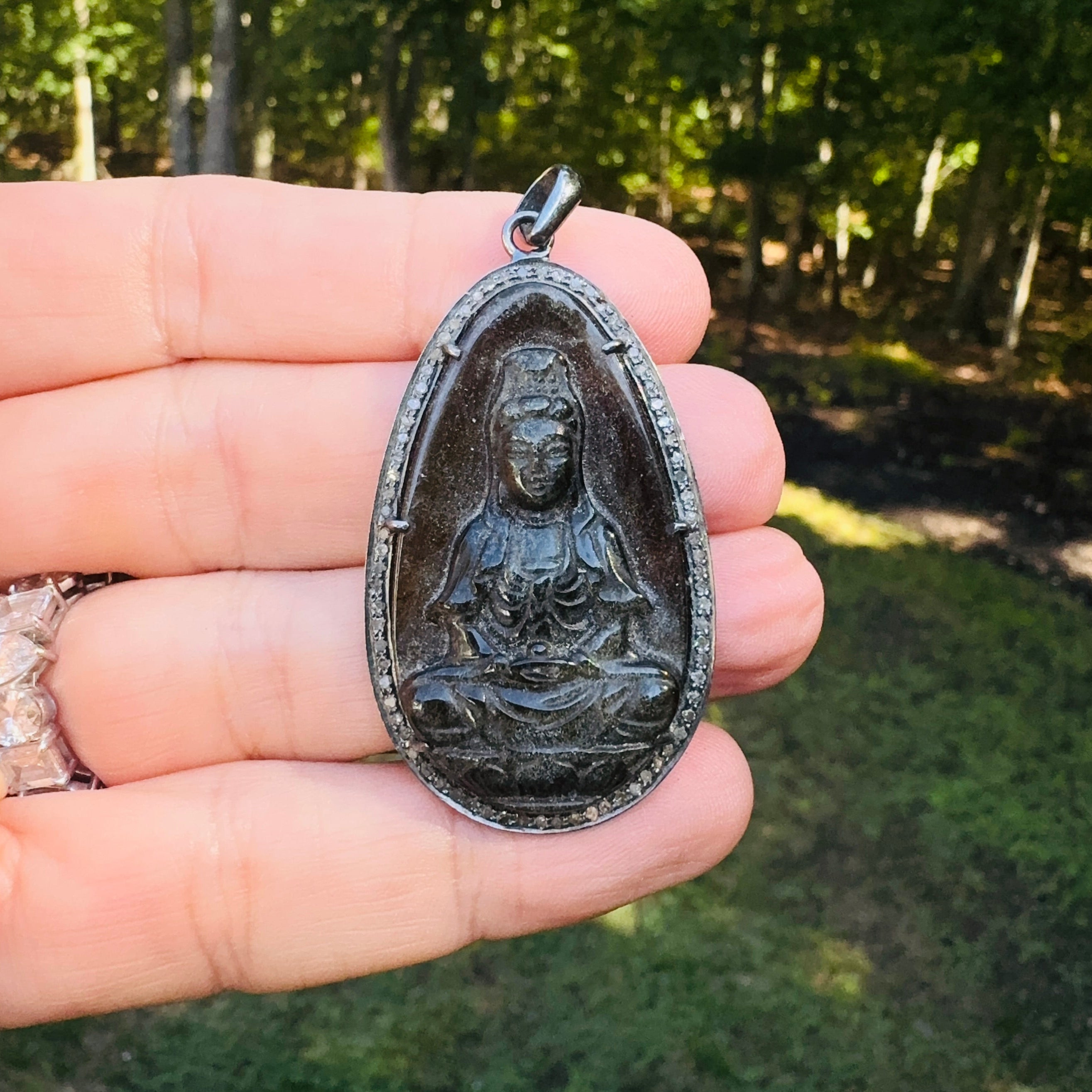Black Obsidian and Carved Kwan Yin Pendant with Diamond Border