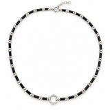 Black Enamel and Silver Chain Necklace with Round Diamond Clasp