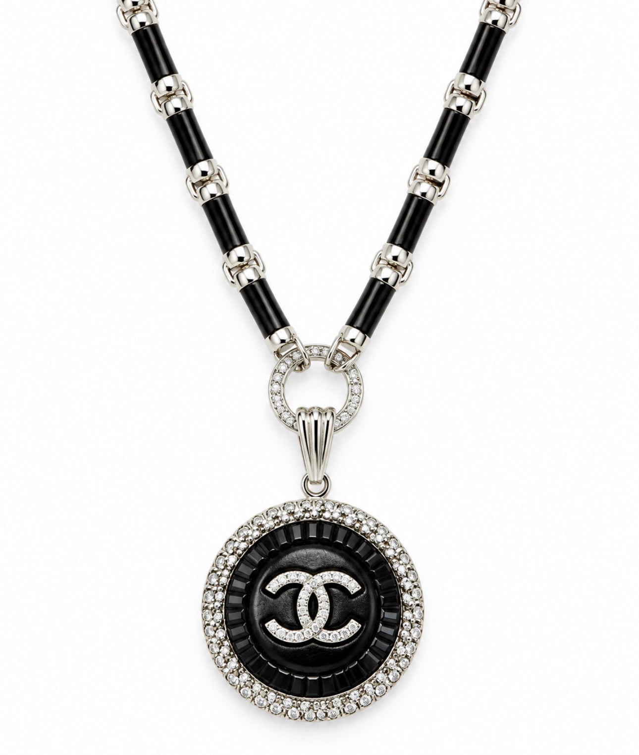 Black Enamel and Silver Chain Necklace with Round Diamond Clasp