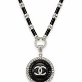 Black Enamel and Silver Chain Necklace with Round Diamond Clasp
