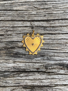 Gold and Silver Detailed Heart with Pave Diamond Border Pendant