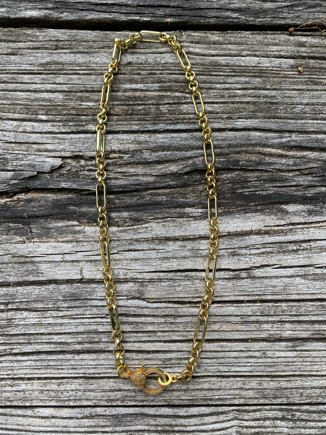 Gold Long/Short Link Chain with Pave Diamond Clasp