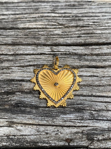 Gold and Silver Detailed Heart with Pave Diamond Border Pendant