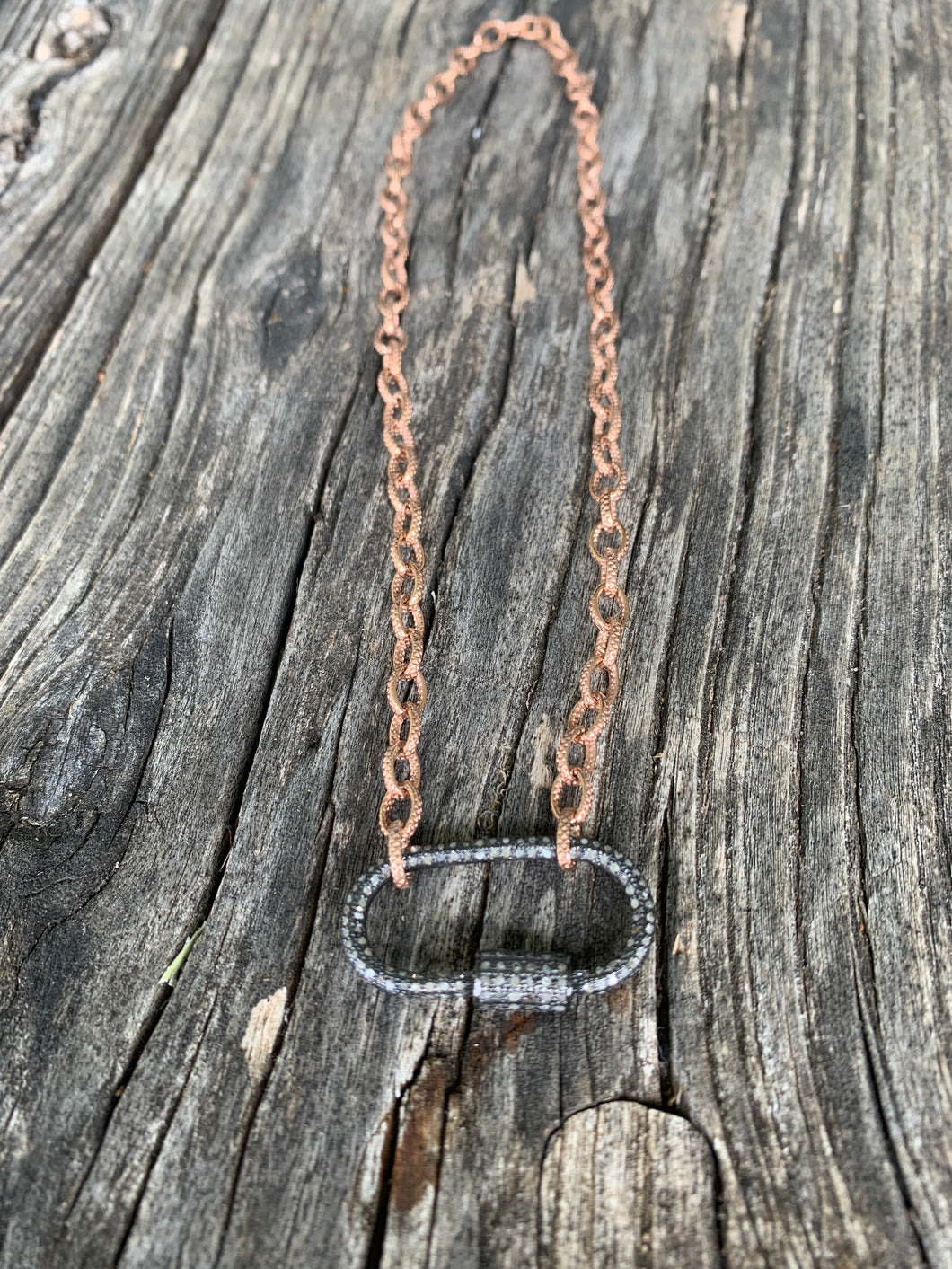 Rose Gold Etched Chain Necklace with Pave Diamond Oval Carabiner