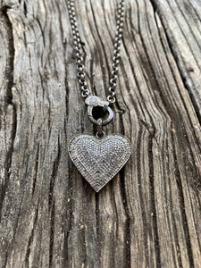 Matte Rolo Chain with Pave Diamond Clasp.  Pave Diamond Heart Pendant