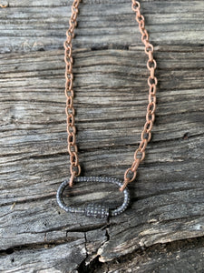 Rose Gold Etched Chain Necklace with Pave Diamond Oval Carabiner
