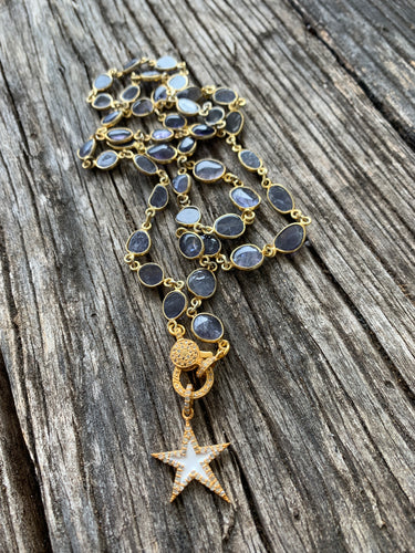 Iolite Bezel Necklace with Pave Diamond Clasp.  Enamel and Pave Diamond Starburt