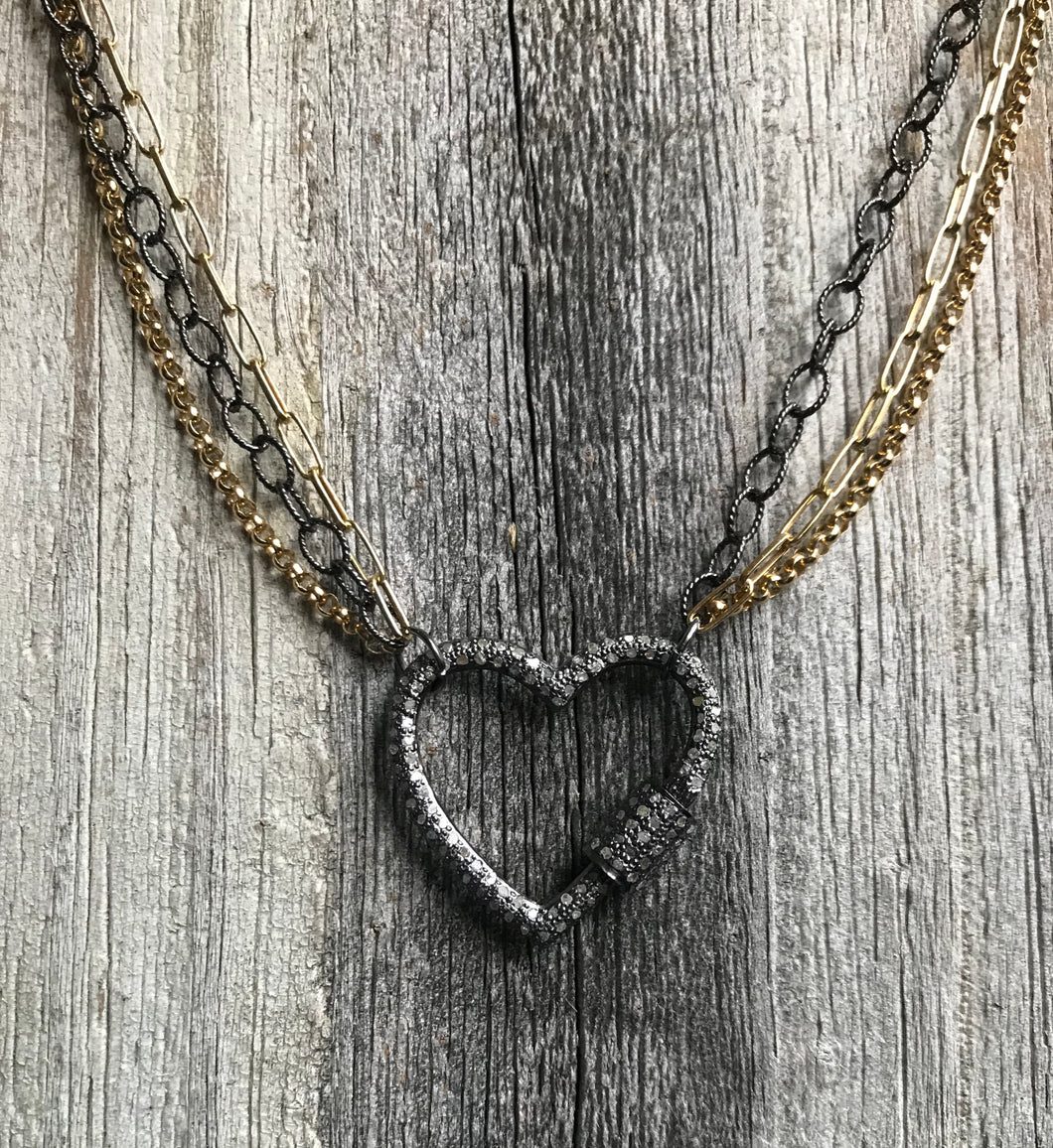Triple Strand Chain Necklace with Pave Diamond Heart Carabiner