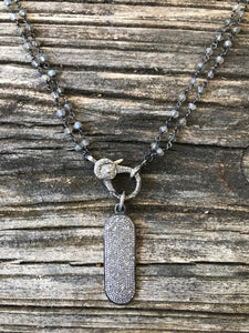 Double Labradorite Necklace with Pave Diamond Lobster Claw Clasp, Pave Diamond Dog Tag