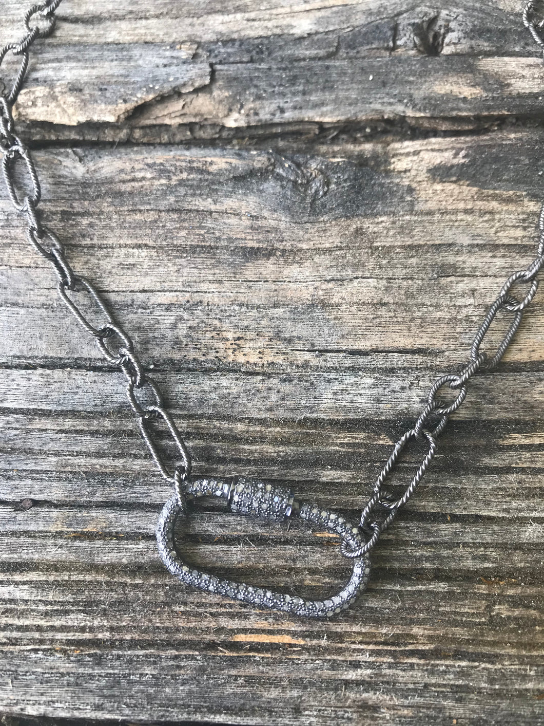 Sterling Silver Necklace with Pave Diamond Oval Carabiner
