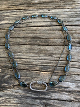 Blue Quartz Necklace with Blue Sapphire Beaded Strand.  Pave Diamond Oval Carabiner