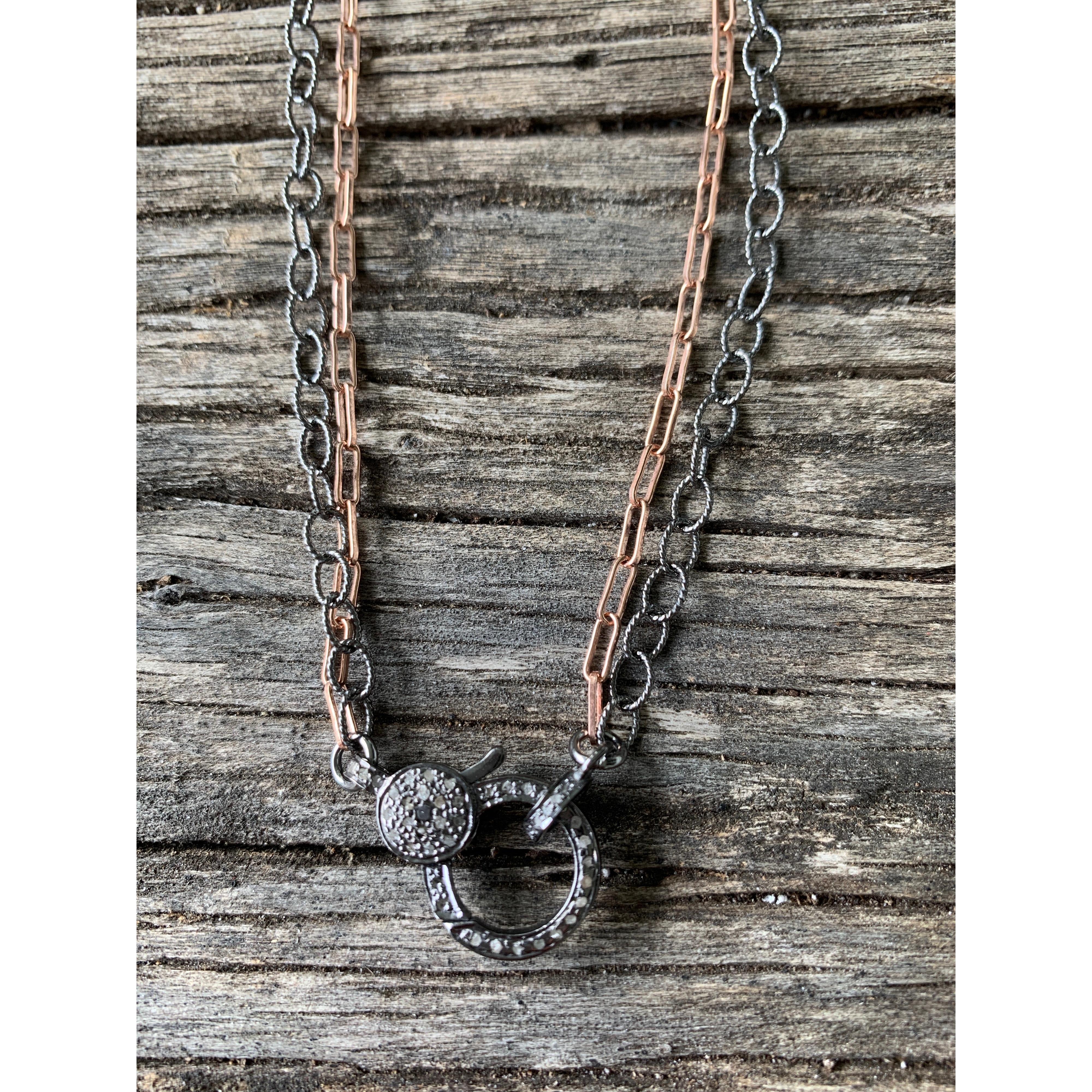 Rose Gold and Sterling Silver Double Strand Necklace with Pave Diamond Clasp