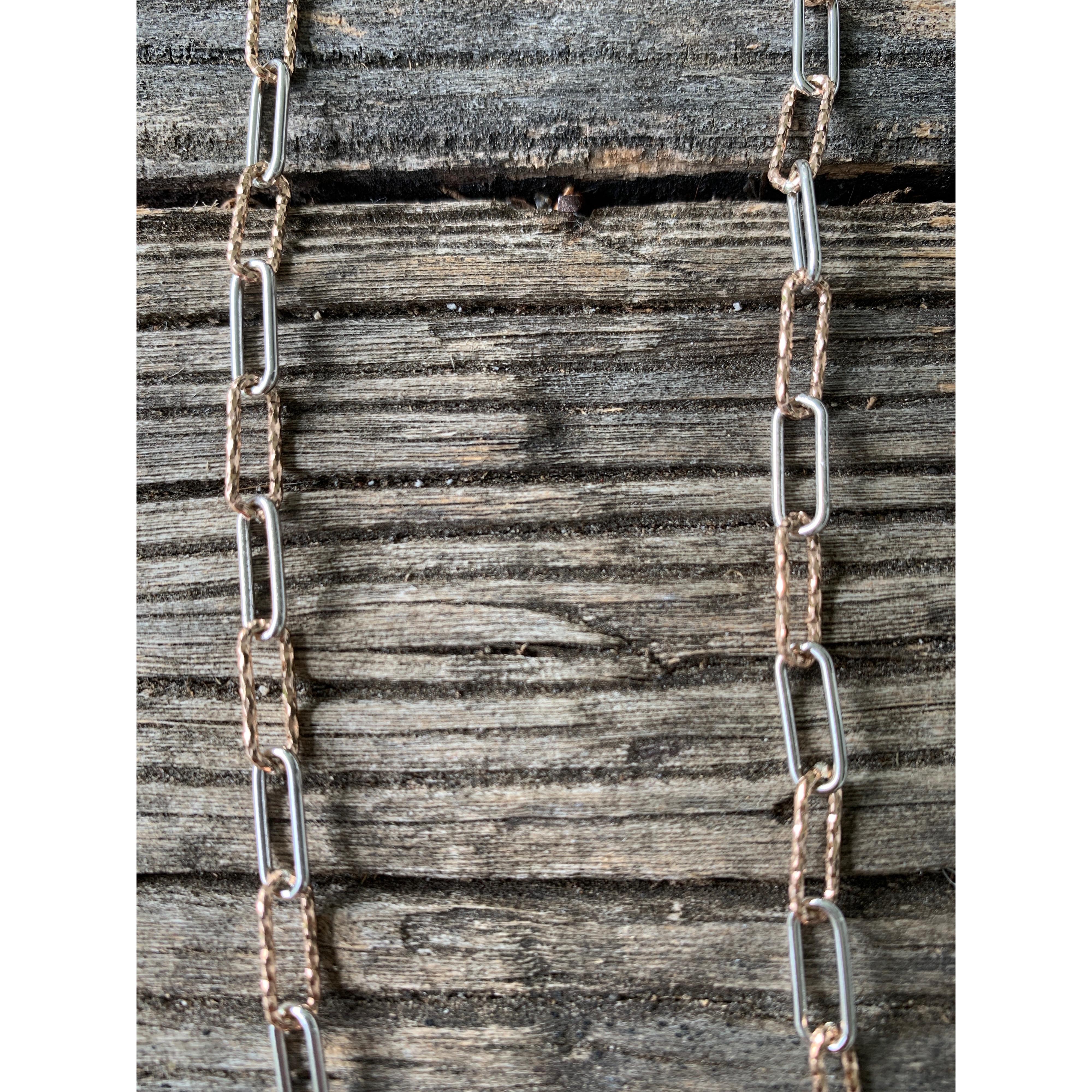 Sterling Silver and Etched Rose Gold Chain Necklace with Pave Diamond Clasp