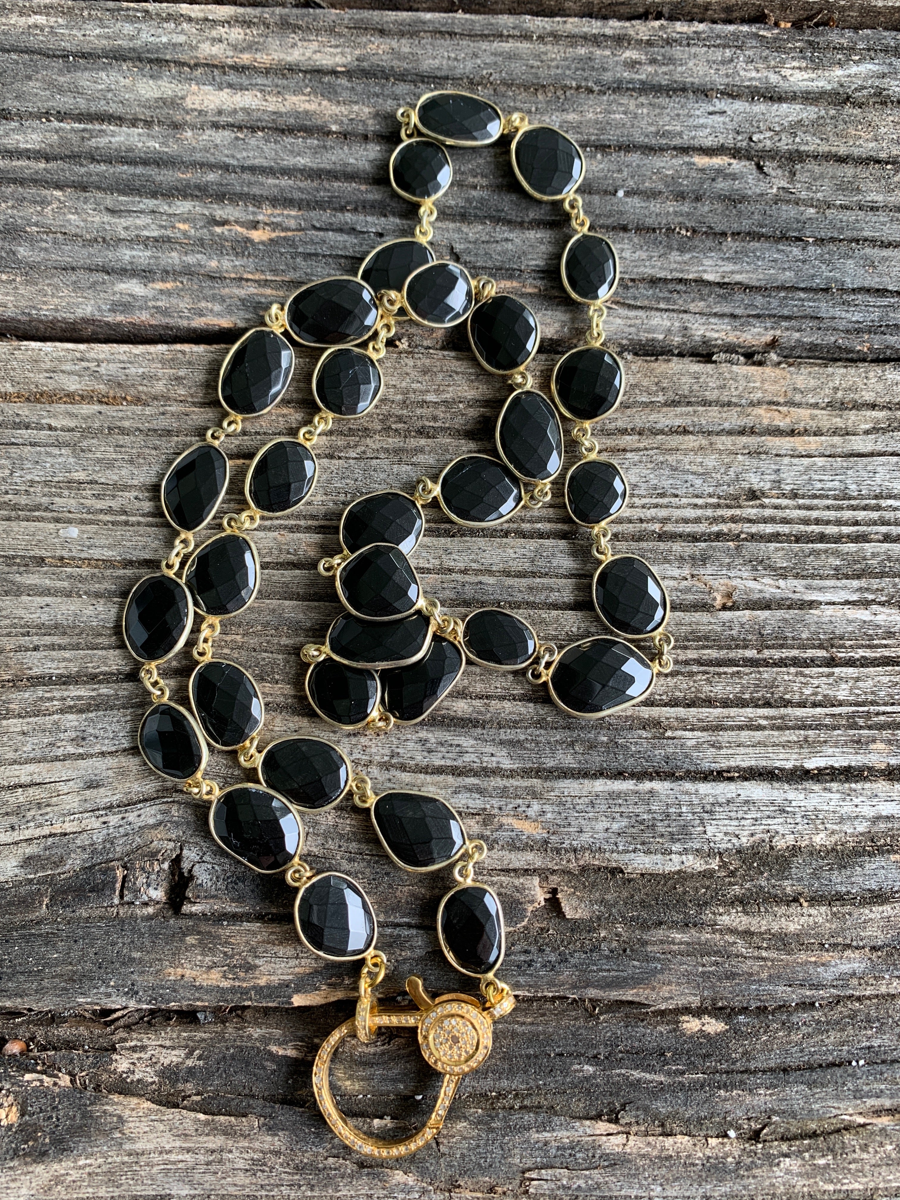 Black Spinel Bezel Necklace with Gold Pave Diamond Clasp