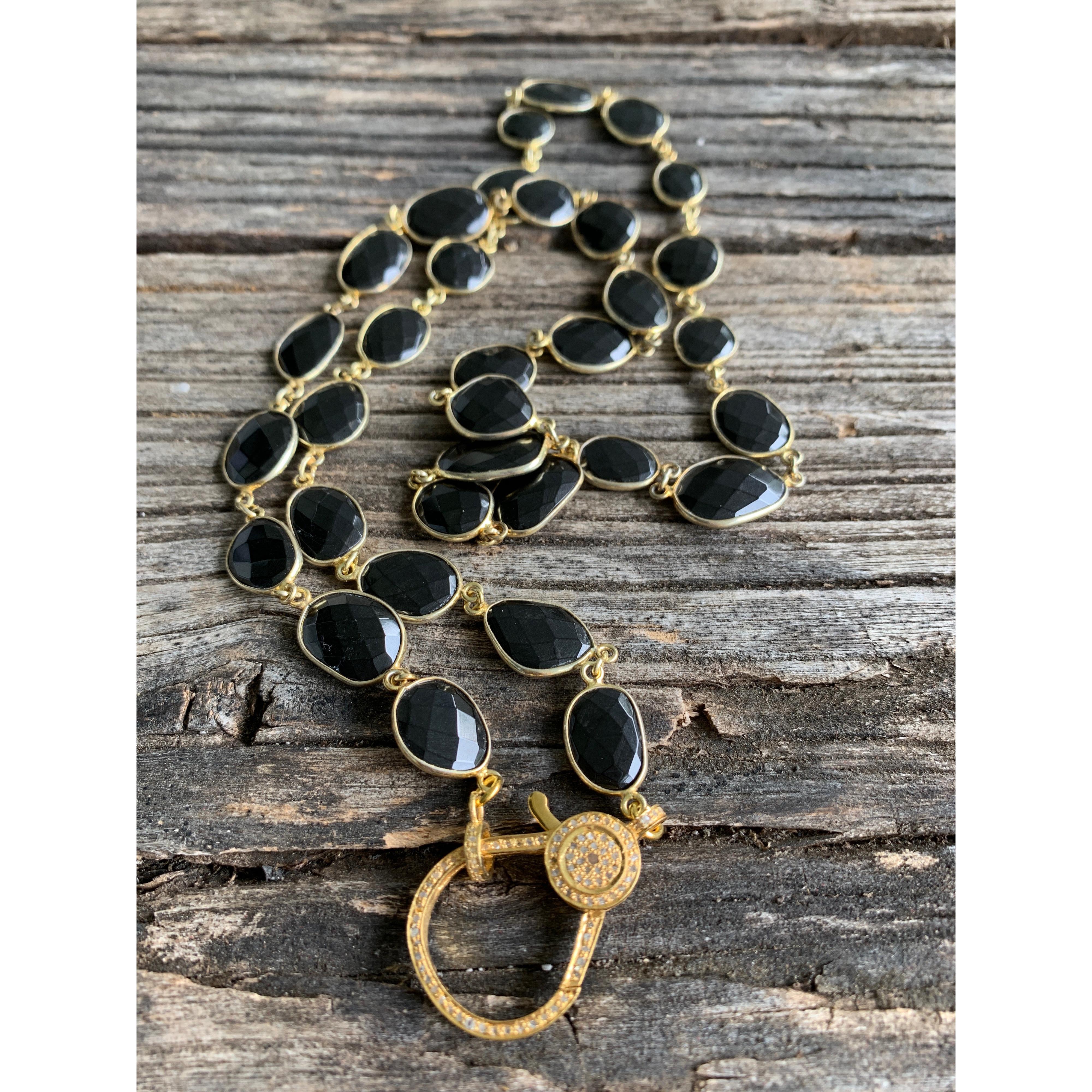 Black Spinel Bezel Necklace with Gold Pave Diamond Clasp