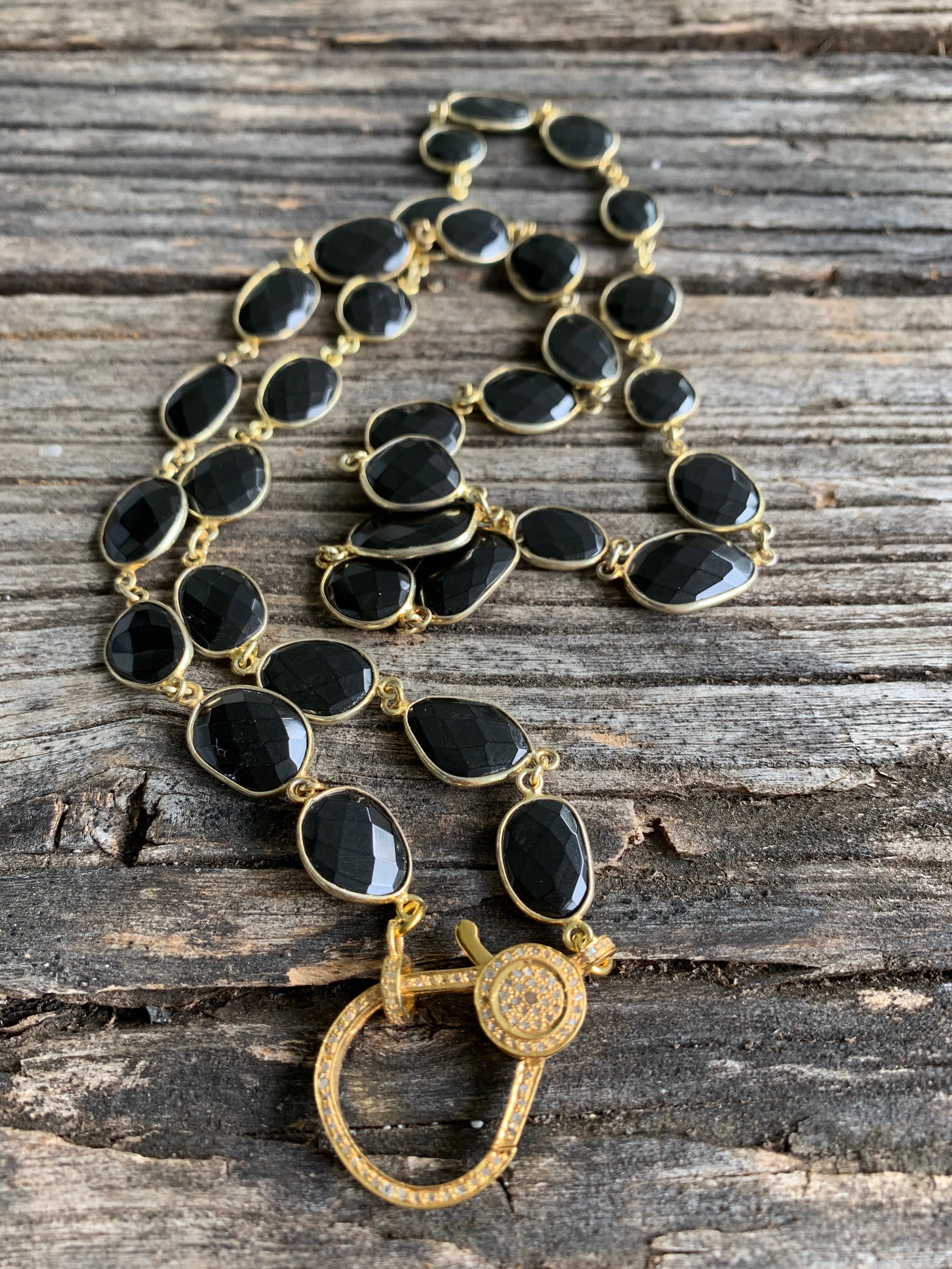 Black Spinel Bezel Necklace with Gold Pave Diamond Clasp