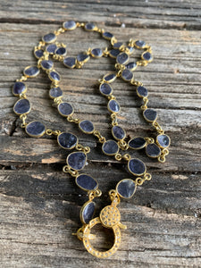 Iolite Bezel Necklace with Gold Pave Diamond Clasp