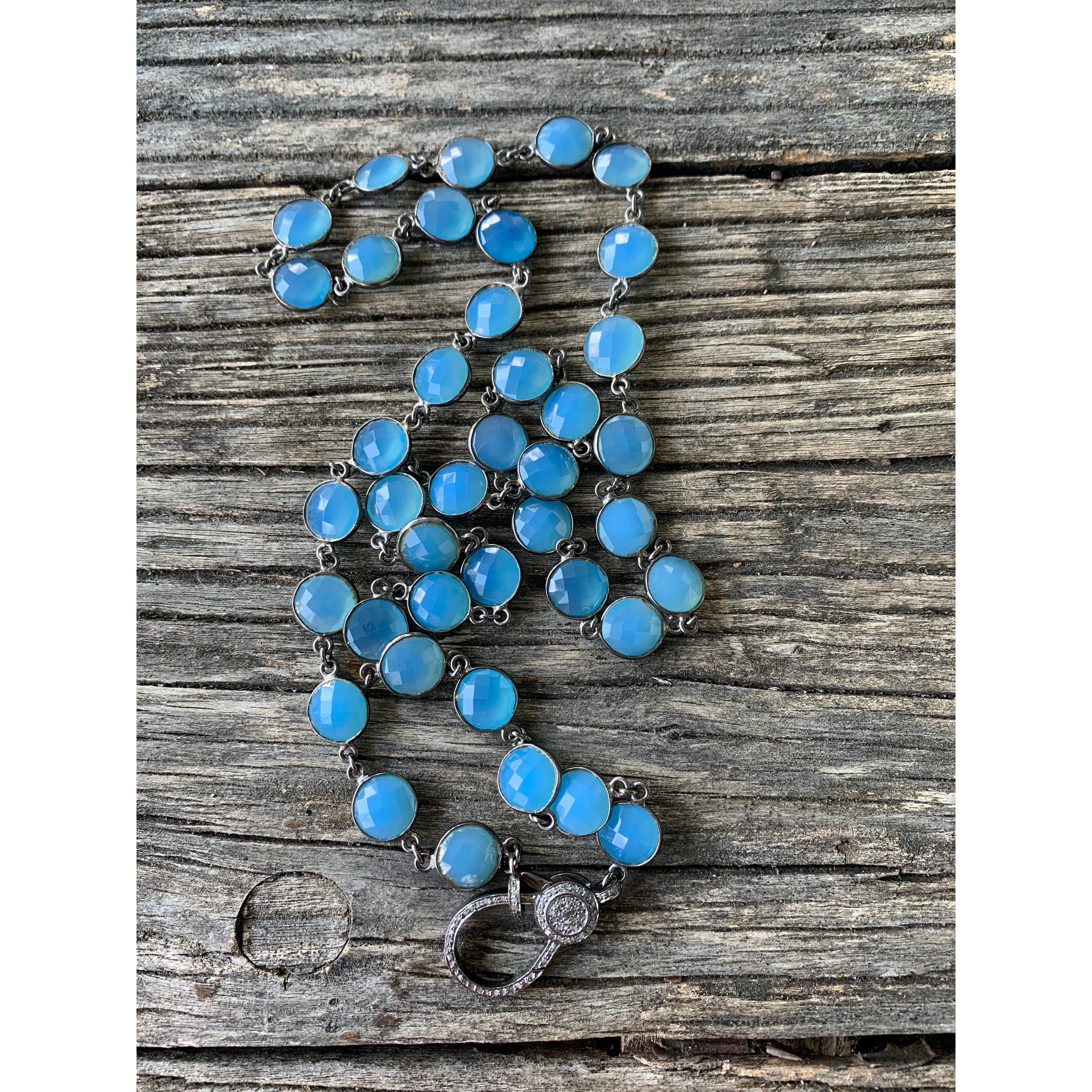 Blue Chalcedony Bezel Necklace with Pave Diamond Clasp