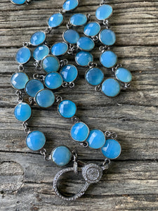 Blue Chalcedony Bezel Necklace with Pave Diamond Clasp