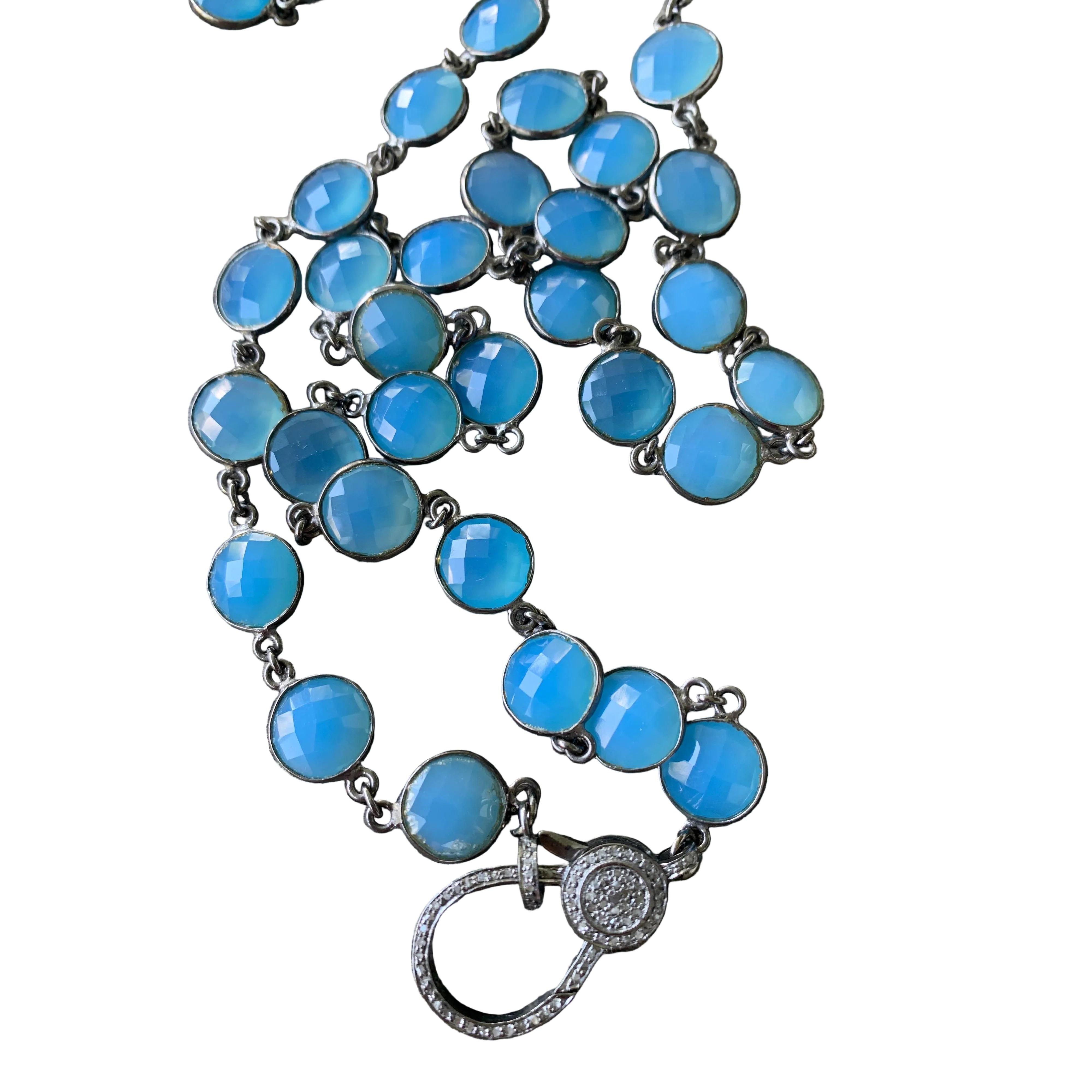 Blue Chalcedony Bezel Necklace Pave Diamond Clasp | Ilissa Michele