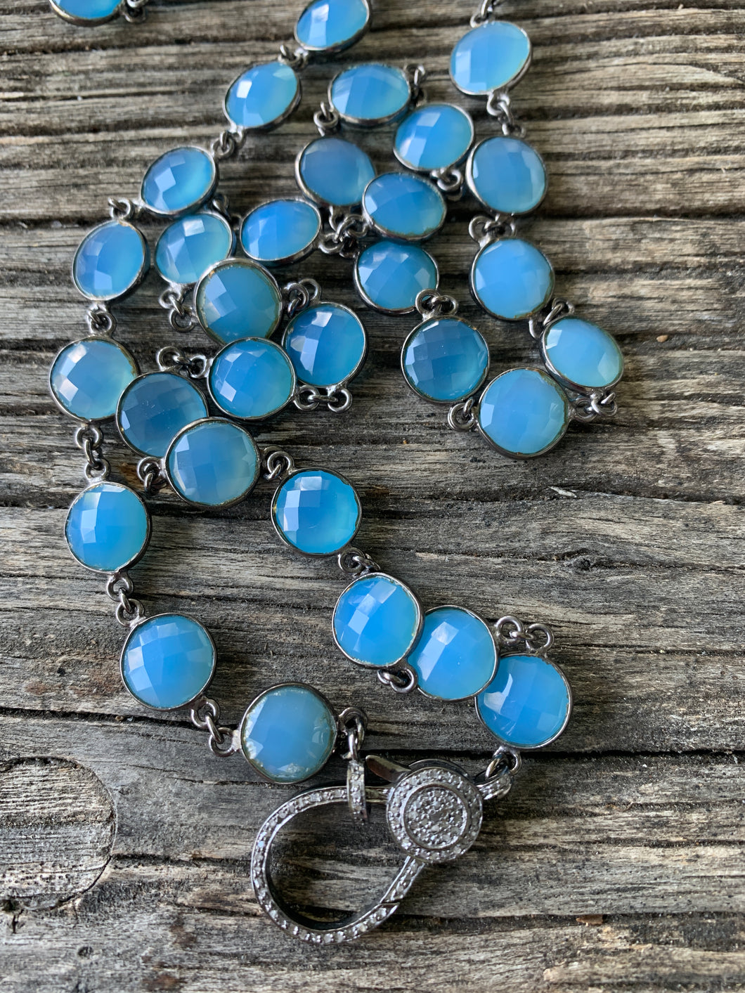 Blue Chalcedony Beaded Necklace with Pave Diamond Clasp