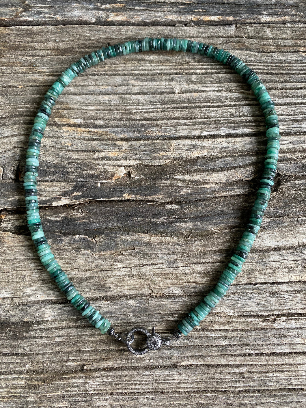 Emerald Heishi Beaded Necklace with Pave Diamond Clasp