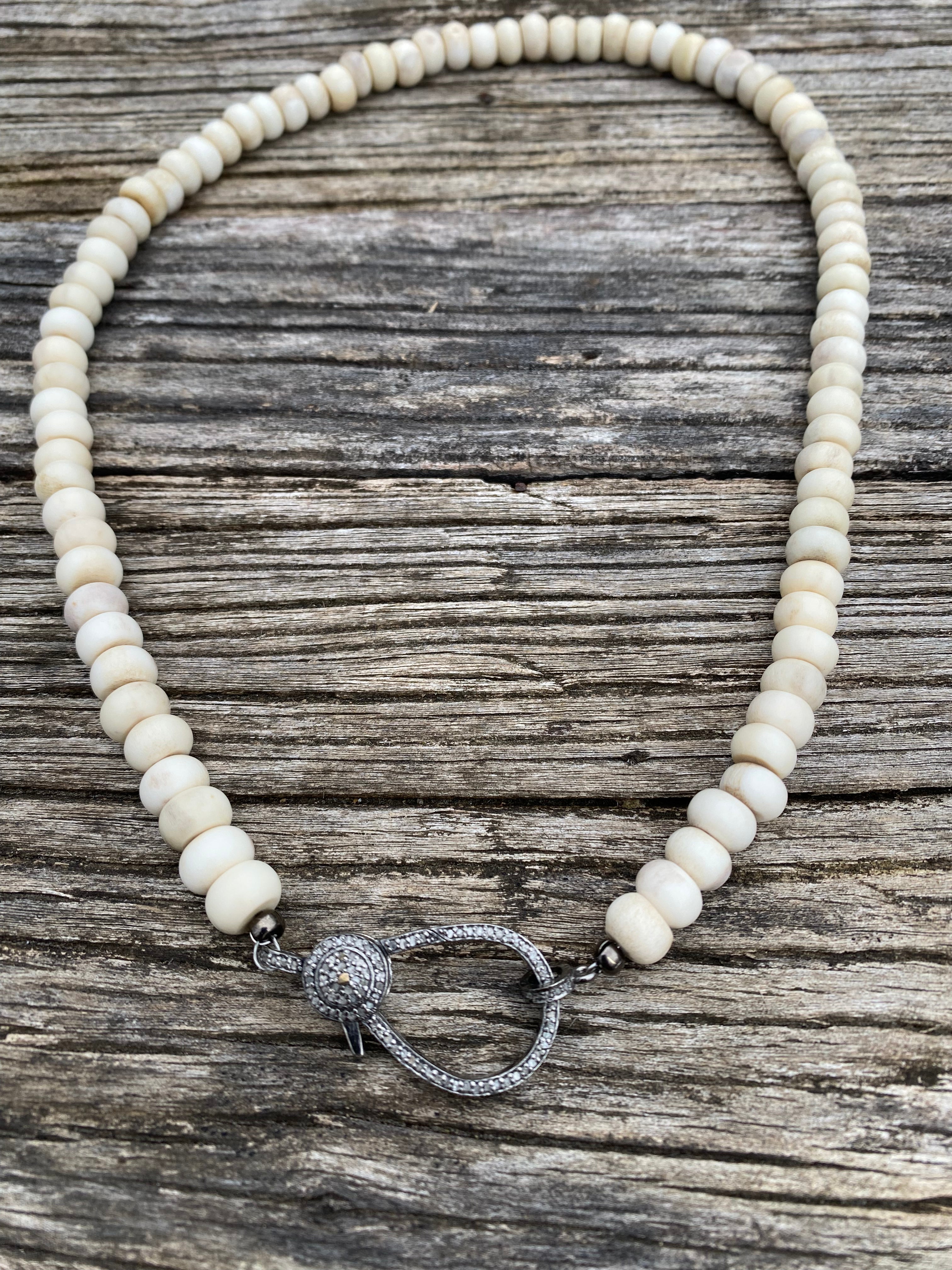 Naturally Shed Moose Antler Beaded Necklace with Large Pave Diamond Clasp