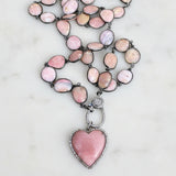 Pink Opal Bezel Necklace with Pave Diamond Clasp. Pink Opal and Pave Diamond Heart Pendant