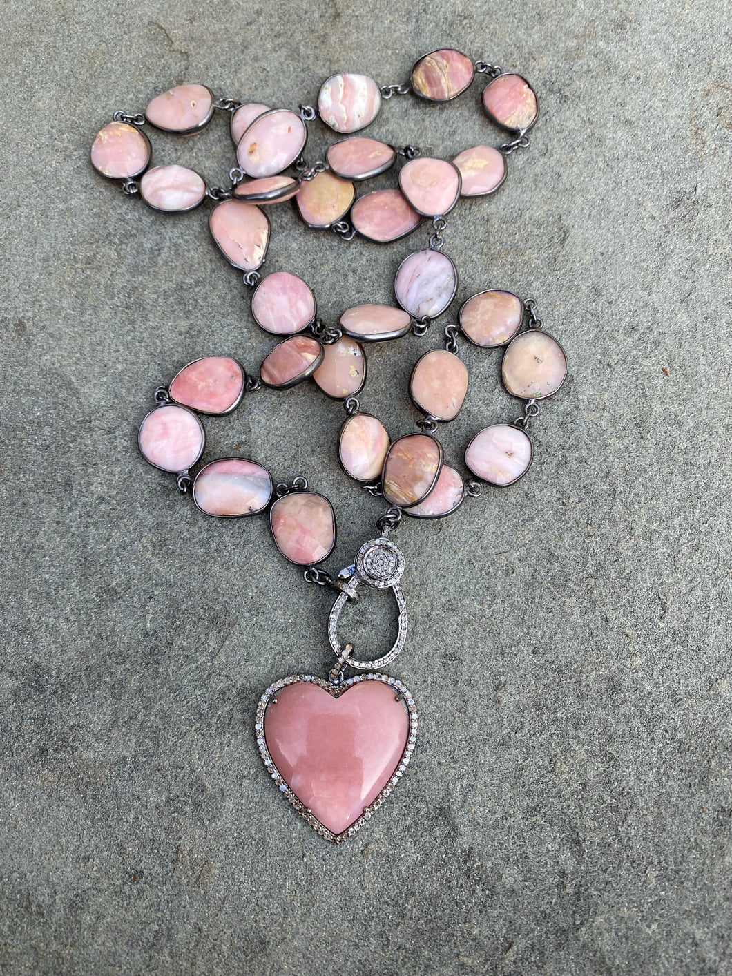 Pink Opal Bezel Necklace with Pave Diamond Clasp. Pink Opal and Pave Diamond Heart Pendant