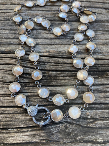 Creamy Moonstone Coin Bezel Necklace with Pave Diamond Clasp