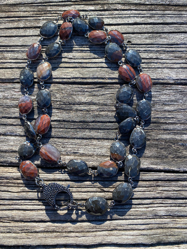 Black and Brick Agate Bezel Necklace with Black Spinel Clasp