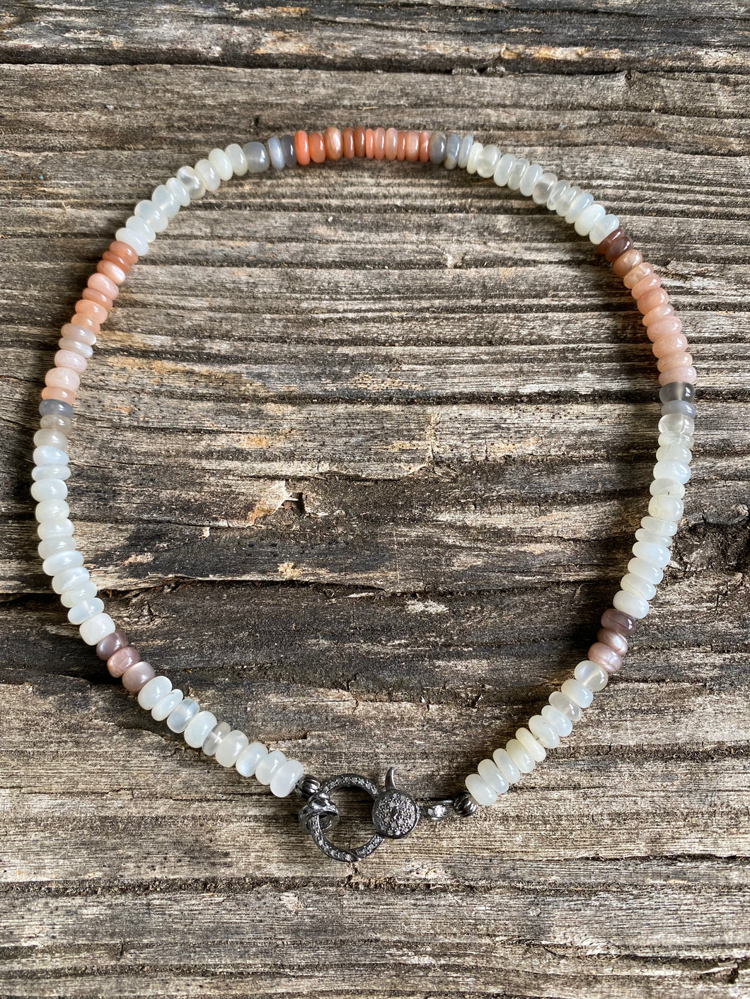Moonstone Heishi Beaded Necklace with Pave Diamond Clasp