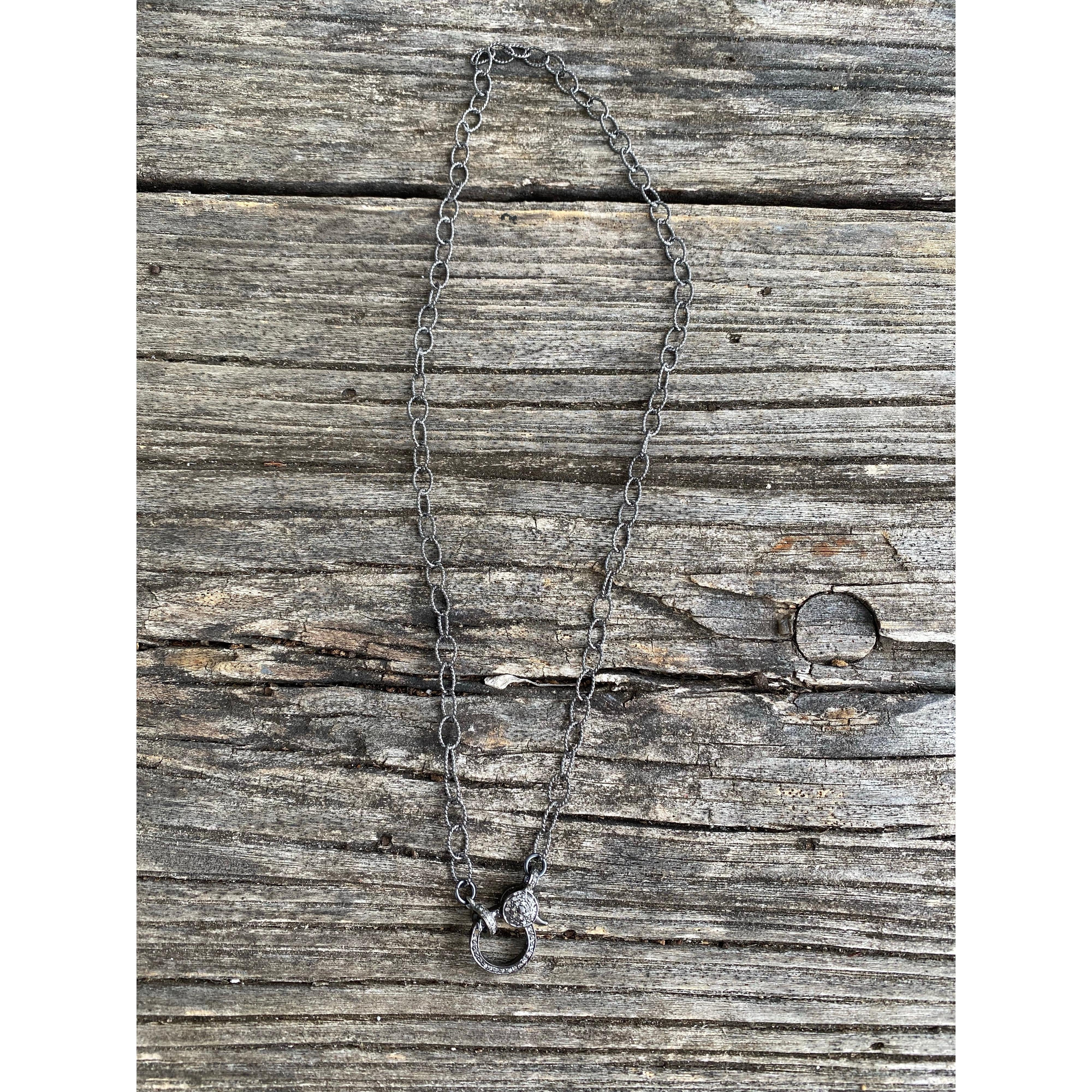 Sterling Silver Circle Textured Chain. Pave Diamond Lobster Claw Clasp