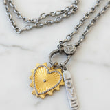 Etched Silver Chain Necklace with Pave Diamond Clasp. Pave Diamond Heart and Love Dog Tag Pendants