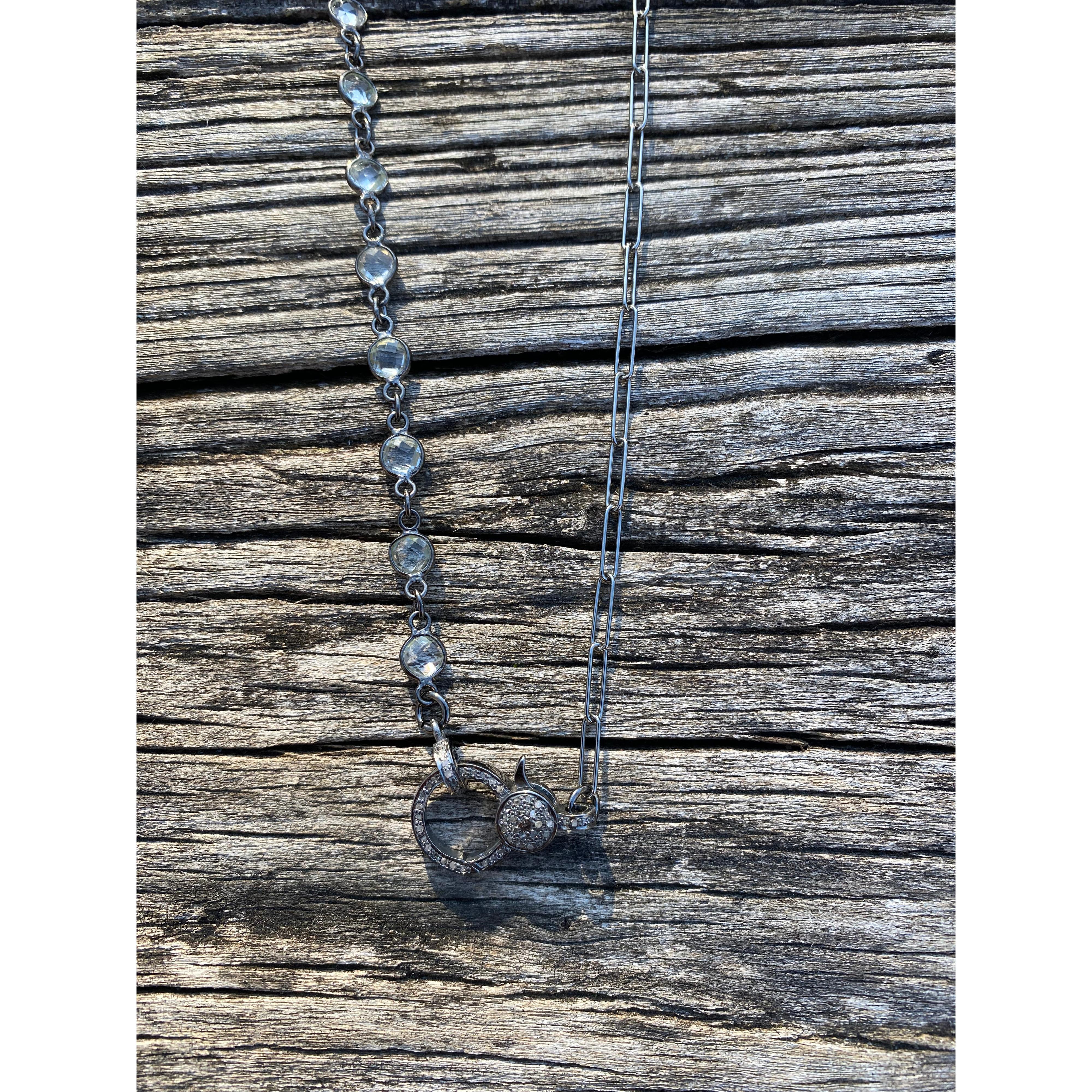 Quartz and Sterling Silver Half and Half Necklace with Pave Diamond Clasp