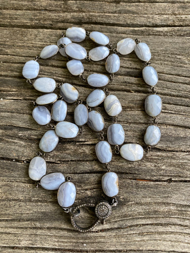 Blue Lace Agate Bezel Necklace with Pave Diamond Clasp