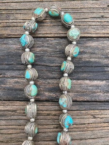 Turquoise and Silver Detail Beaded Necklace with Large Pave Diamond Spring Open Clasp